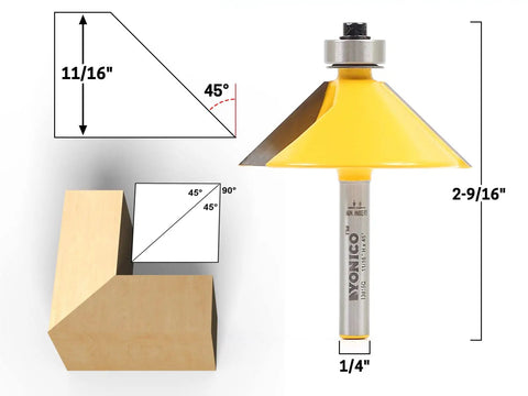 Chamfer Router Bit One Quarter Inch Shank, 45 Degree Bevel Edge Forming Bit for Precise Miter Joints, Eleven Sixteenth Inch Cutting Height, Pro Grade Tungsten Carbide Blades for Sharp, Durable Edges.
