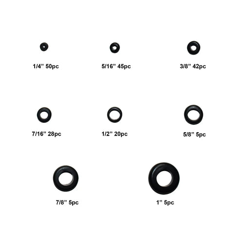 200 Piece Rubber Grommet Wiring Kit With Eight Size Assortment for wiring protection shown with various sizes from 1/4 to 1 inch