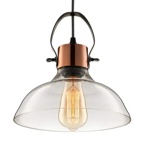 Industrial Edison Pendant Light With Clear Glass Dome Copper Finish Ceiling Fixture For Dining Room Living Room Kitchen Cafe Or Bar Vintage Retro Style And Modern Cozy Vibe, close-up view