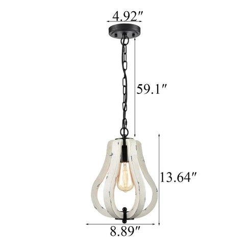 Vintage Wood Pendant Light With Distressed White Finish, Rustic Swag Pendant for Foyer and Kitchen, 8.9 x 8.9 x 13.6 Inches