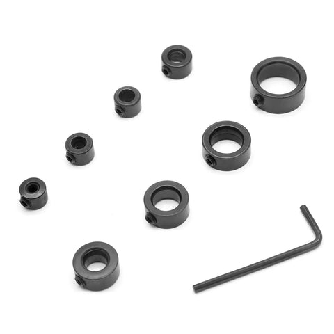 8 Piece Drill Bit Depth Stop Collar Set With Allen Key Wrench For Precise Drilling, metal shaft screws and collars visible