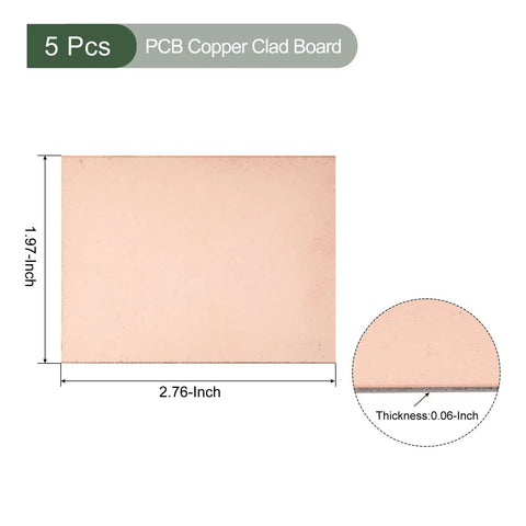 Image of Five Piece FR4 Copper Clad PCB Boards Single Sided Blank For DIY Electronics Etching And Circuit Projects Great For Hobbies with dimensions.