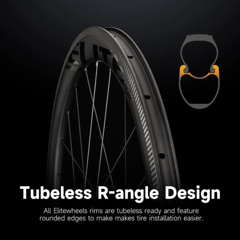Close-up of Carbon Fiber Road Bike Wheels 38mm Tubeless Ready Clincher Rims 700C showing R-angle design on black background.