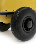 Close-up of run flat tires on the Built Different 185000 Btu Forced Air Diesel Heater for tough jobsites.
