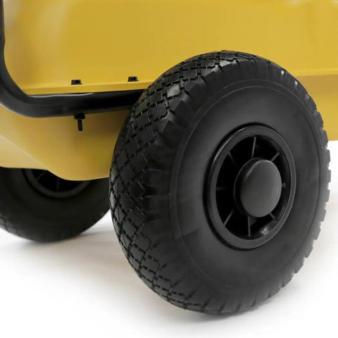 Close-up of run flat tires on the Built Different 185000 Btu Forced Air Diesel Heater for tough jobsites.