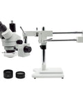 Pro Grade Trinocular Stereo Zoom Microscope With Three Point Five To Ninety Times Magnification Ten Times Widefield Eyepieces Zoom Objective Seven Tenths To Four Point Five Times With Point Five And Two Point Zero X Auxiliary Lenses Double Arm Boom Stand, white