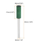 Single green rubber polishing bit from 20 Pcs Rubber Polishing Bits Set For Rotary Tools, 6mm mounted cylindrical head with 3mm shank, 120 grit.