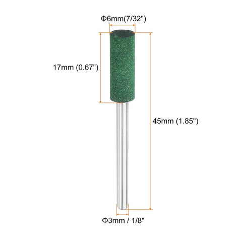 Single green rubber polishing bit from 20 Pcs Rubber Polishing Bits Set For Rotary Tools, 6mm mounted cylindrical head with 3mm shank, 120 grit.