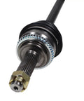 Left Front CV Axle Shaft Assembly Built To Crush Potholes With Plug And Play Fitment Brings Smoother Than Silk Handling To Your Beat Up Daily Driver Keeps The Wheels Locked Tight And Stops That Rude Shuddering Dead In Its Tracks close-up view of neoprene boot and steel components