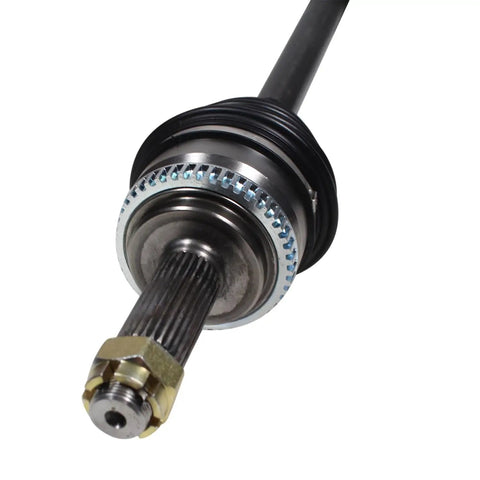 Left Front CV Axle Shaft Assembly Built To Crush Potholes With Plug And Play Fitment Brings Smoother Than Silk Handling To Your Beat Up Daily Driver Keeps The Wheels Locked Tight And Stops That Rude Shuddering Dead In Its Tracks close-up view of neoprene boot and steel components