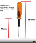 Gen 2 RC Hex Screwdriver Set 1.5mm with amber handle shown vertically with dimensions in millimeters. Made in USA.