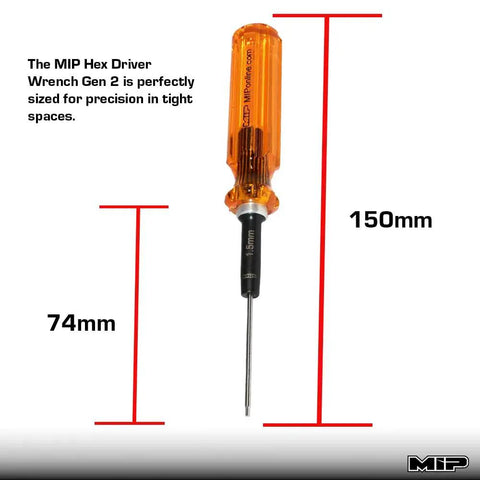 Gen 2 RC Hex Screwdriver Set 1.5mm with amber handle shown vertically with dimensions in millimeters. Made in USA.