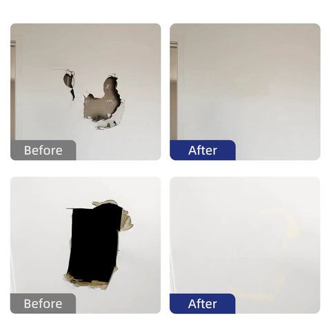 Before and after of wall repaired using All In One Drywall Repair Patch Kit For Large Holes 12 By 12 Inch Panel Quick And Easy Fix