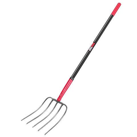 5 Tine Pitch Fork Heavy Duty Manure Fork With Long Fiberglass Handle 58 Inch For Farm Garden Yardwork And Compost Turning A Workhorse No Weld Head Built For Tough Dirt And Loose Materials