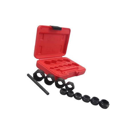 10 Piece Damaged Lug Nut Removal Kit With Twist Socket Extractors, red case open showing tools, 9-19mm, three eighths inch drive