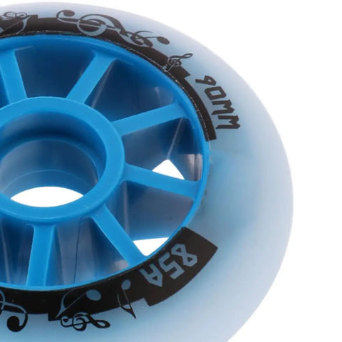 Close-up of blue Inline Skate Wheels 90mm 100mm 85A Hockey Style Replacement Pack For Outdoor And Indoor Skating 4 Pack