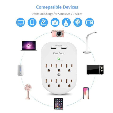 Six Outlet Surge Protector Power Strip With Two USB Ports Fast Charge 2.4A 490 Joules Surge Protection ETL Listed For Home Office School And Classroom Use