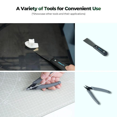 Creality 3D printer tools kit, 74 pcs; includes pliers, filament cutter, nozzle cleaner; collage of front and side views