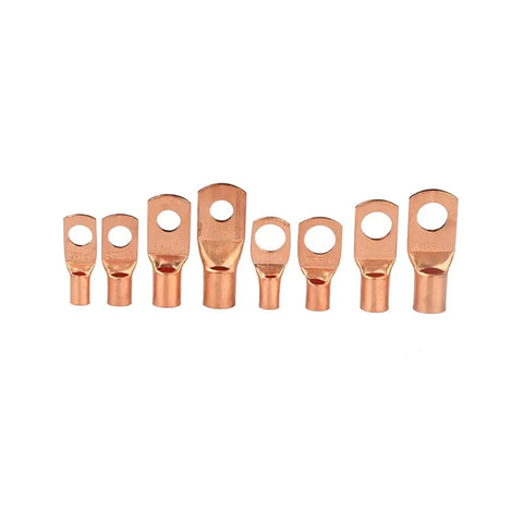 Premium 130Pcs Assortment Kit Featuring SC6-25 Copper Ring Lugs And OT Terminals For Battery Crimping Welding Connectors Heavy Duty 10A To 50A Wire Soldered Terminals flat copper ring lugs on white background