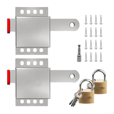 Heavy Duty Garage Door Lock Kit With Vertical Track Engagement For Dual Doors, Galvanized Steel Construction, Includes 2 Locks, 16 Self Tapping Screws, And Drill Bit For Full Hardware, two silver locks and hardware