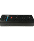 Six Outlet Power Block With EMI RFI Attenuation And Extreme Voltage Shutoff 15 Foot Cord Surge Strip For Home Theater Studio And Office Gear Black Pro Series showing six outlets on black surface.