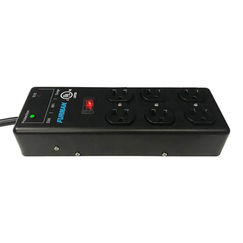 Six Outlet Power Block With EMI RFI Attenuation And Extreme Voltage Shutoff 15 Foot Cord Surge Strip For Home Theater Studio And Office Gear Black Pro Series showing six outlets on black surface.