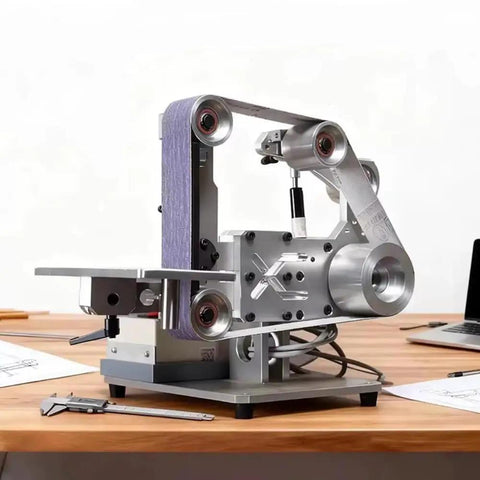 Rock Solid Shop Grade Belt Sander And Polisher With Heavy Duty 750 Watt Motor For Efficient Woodworking Trimming And Dual Vertical Grinding Work on a wooden table.