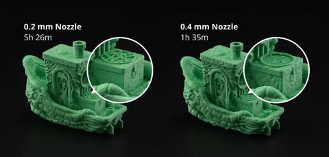 3D printer models comparing 0.2mm and 0.4mm nozzle outputs for Hotend With Nozzle For X1 Carbon And P1 Series 3D Printers.