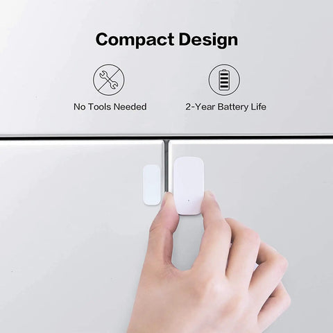Hand installing Zigbee Door And Window Sensor 3 Pack on door, highlighting compact design, no tools needed, 2-year battery life.
