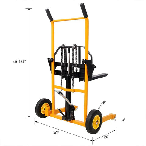Heavy Duty Hydraulic Manual Lift Stacker With 440 Lb Capacity And Adjustable Forks, side view with dimensions, ideal for warehouses.