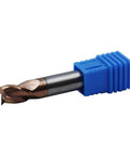 5/16in solid carbide end mill with 3 flutes and ZRN coating, mounted in blue plastic holder.