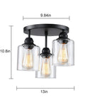 Three Light Industrial Semi Flush Mount Ceiling Fixture With Vintage Clear Seeded Glass Shade, Black Finish, UL Listed