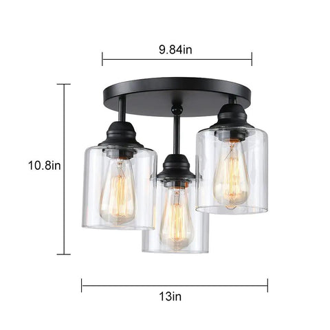 Three Light Industrial Semi Flush Mount Ceiling Fixture With Vintage Clear Seeded Glass Shade, Black Finish, UL Listed