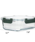Eight Pack 30 Oz Glass Meal Prep Containers With Airtight Lids, shown with dimensions 7.8 x 5.7 x 2.5 inches, microwave safe