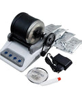 Pro Grade Rock Tumbler Kit For DIY Stone Polishing With Timer Buttons Electric Gemstone Polisher Rock Tumbler Machine With EU Plug Includes 4 Scratch Nets And Real Stones, showing tumbler, buttons, accessories.