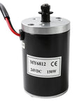 MY6812 24V 150W Electric Scooter Drive Motor With 9 Tooth 25H Sprocket Brushed DC Motor Calibrated 2750 RPM And 0.52 Nm Torque For Easy Replacement Or DIY Builds. Black metal scooter motor with red and black wires