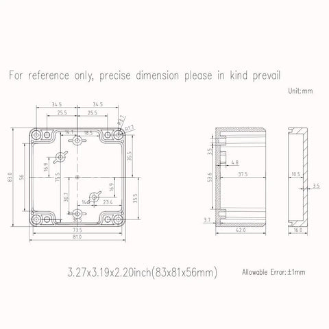 Dimensional drawing of IP65 Waterproof Outdoor Junction Box Pack Of 2 ABS Plastic Project Box Electrical Enclosure