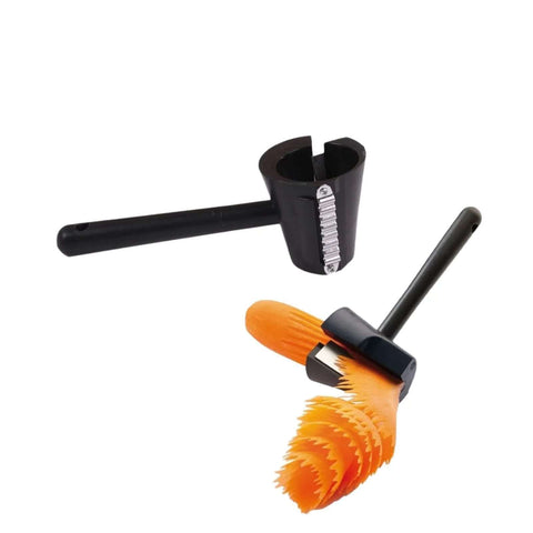 2-piece handheld spiralizer set: black cylindrical slicer with blade and orange spiralizing tool with handle