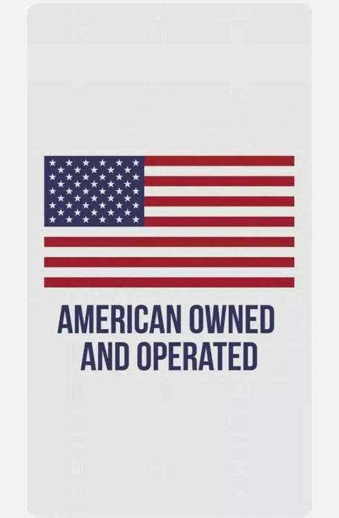 American owned and operated text with U.S. flag representation on a Bolt On Chain Hooks And D Rings Receiver Hitch Kit For Compact Farm Tractors Universal Tow Accessory Built To Fit John Deere And Kubota Orange Powder Coated Heavy Duty Workhorse Trailer Hookups product package