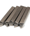 Pro Grade Mini Indexable Lathe Turning Tool Set Featuring One Quarter Inch Shank Nickel Plated Steel Holders With Five Carbide Inserts, showing five insert holders.