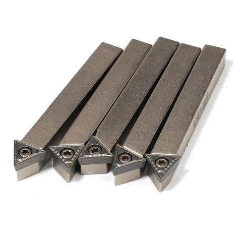 Pro Grade Mini Indexable Lathe Turning Tool Set Featuring One Quarter Inch Shank Nickel Plated Steel Holders With Five Carbide Inserts, showing five insert holders.