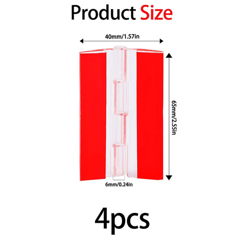 Four Pack Clear Self Adhesive Acrylic Hinges With Continuous Piano Design, No Drill Needed For Crafts Or Aquarium Lids, Super Secure Peel And Stick Fit, Rust Proof 65 By 40 Mm Hardware showing dimensions 65mm x 40mm.