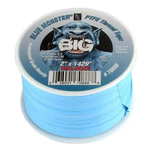 Image of a roll of 2 Inch PTFE Thread Seal Tape featuring a blue monster logo on the label, for plumbing fittings and leak-proof seals.