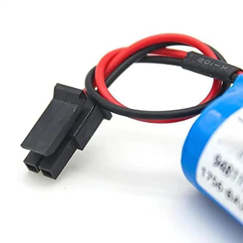Close-up of 50 Pack PLC Battery 1756-BA2 3V 1800mAh Non Rechargeable Lithium Battery connector and wiring for CNC systems.