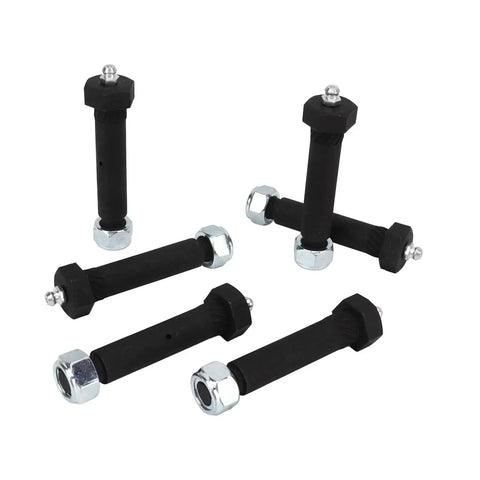 Top Shelf Steel Trailer Axle Wheel Hanger Wet Bolt With Easy Grease Zerk And Bulletproof Locknut, six heavy-duty black bolts with nuts.