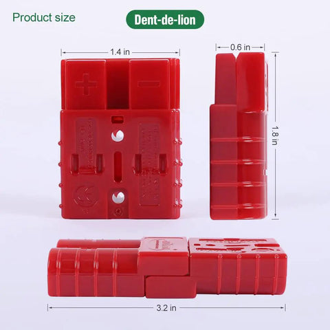 Top Shelf 10 Piece Battery Cable Connectors Rated For 600 Volts And 50 Amps Heavy Duty Quick Release Plug And Play Terminals Built Like A Tank For Cars Trucks Vans And Motorcycles In Red, shown in three angles.
