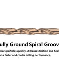Fully Ground Spiral Groove of Five Pack Heavy Duty M35 Cobalt Drill Bit Set 1/8 X 12 Inch for efficient drilling.