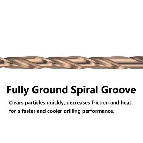Fully Ground Spiral Groove of Five Pack Heavy Duty M35 Cobalt Drill Bit Set 1/8 X 12 Inch for efficient drilling.
