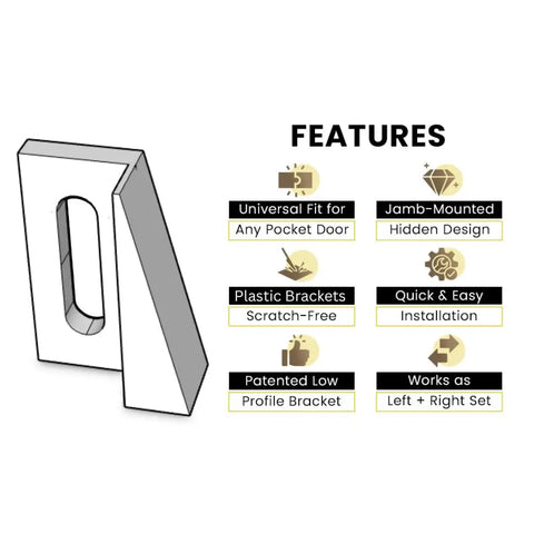 Pocket Door Bottom Guide Jamb Mounted Universal Fit White One Pair For Sliding Doors Easy Install Keeps Doors Centered On Tracks No Protrusion Patent Design For Smooth Operation, feature highlights and bracket illustration