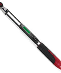 Pro Grade Heavy Duty Quarter Inch Digital Torque Wrench With Buzzer And LED Alerts, Interchangeable Head, ISO 6789 Certified With Calibration Certificate, Backlit LCD Shows Reached Torque, Battery Life, And Units Nm, Kg-Cm, In-Lb, Ft-Lb, CW CCW, shown diagonally with 1/4-inch drive and black red grip